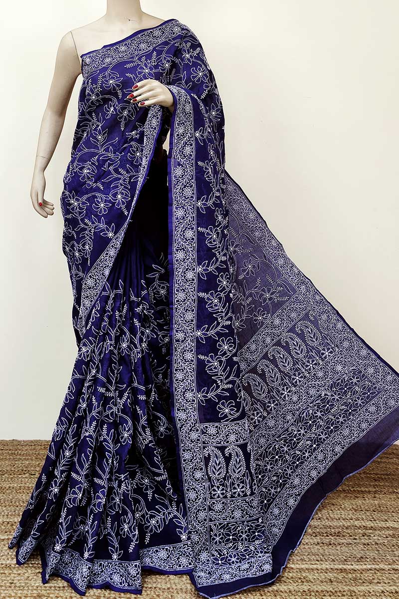 Royal Blue Colour Cotton Allover Lucknowi Chikankari Saree (with Blouse) Mc252811