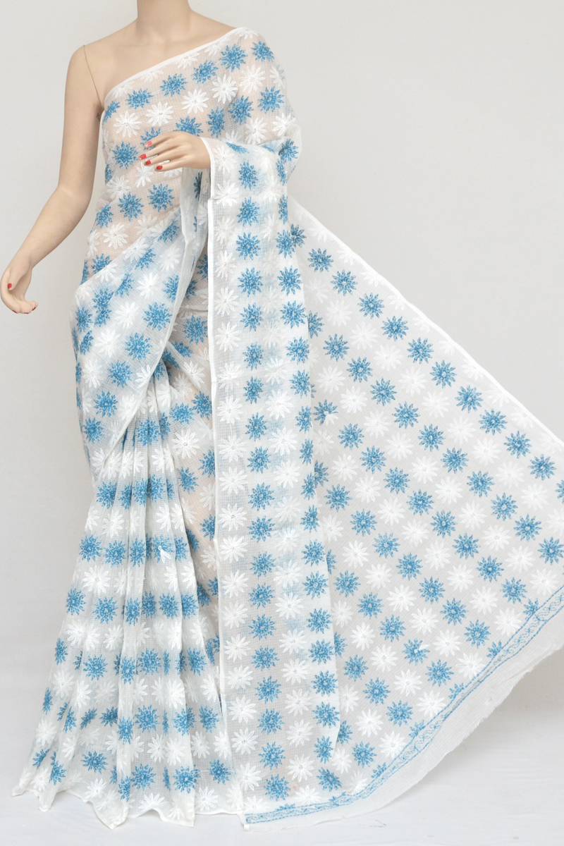 White-Blue Color Kota Cotton Tepchi Work Hand Embroidered Lucknowi Chikankari Saree (Without Blouse) MC251045