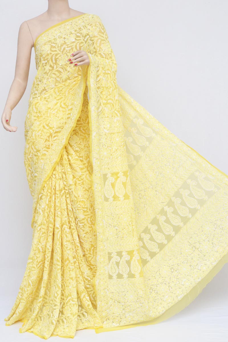 White Full Jaal Saree Lucknow Chikankari Georgette Hand Embroidered Chikan  Sari | eBay